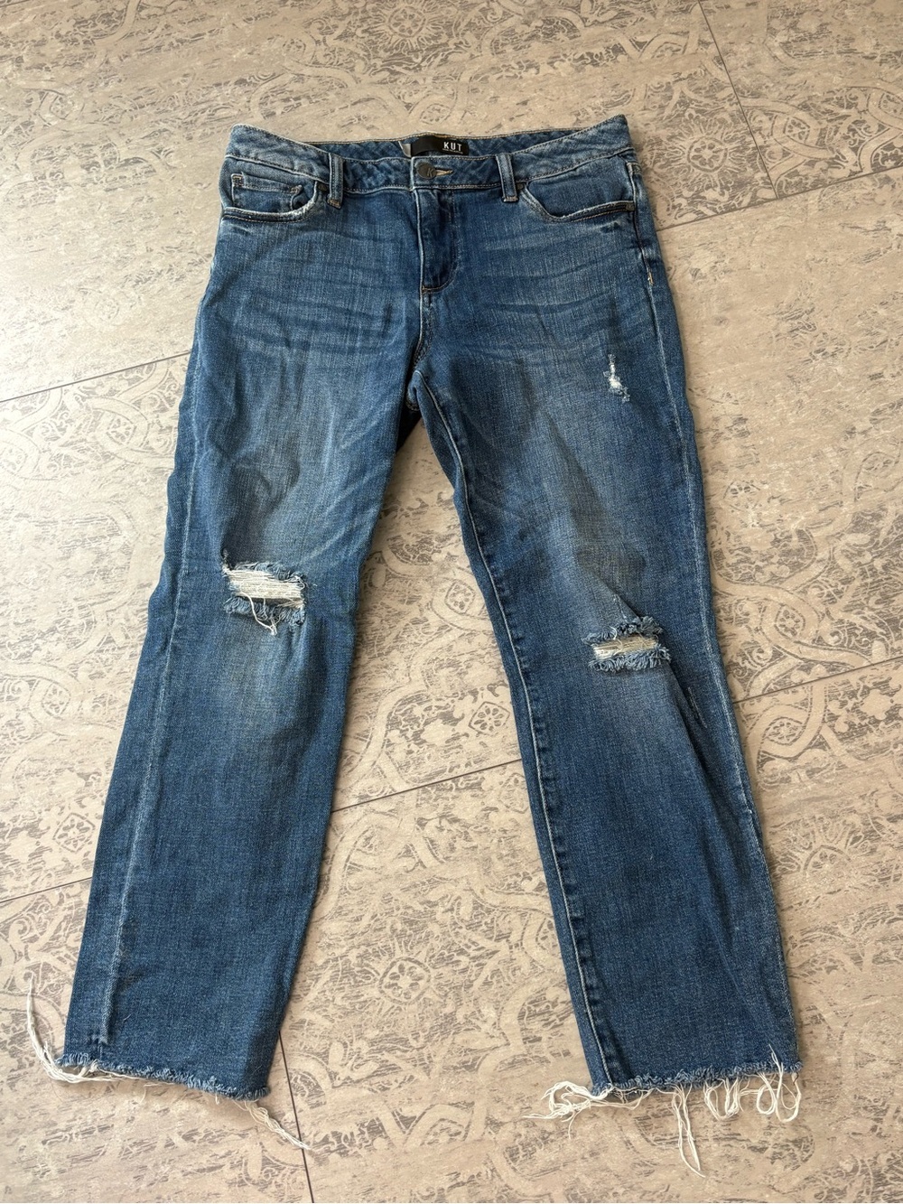 KUT From the Kloth | Straight Ankle Medium Wash Raw Hem Denim Jeans SZ 10